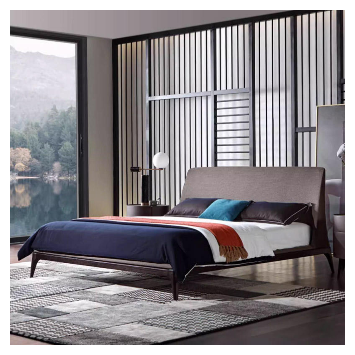 Oblique Walnut Wood Frame Fabric Bed